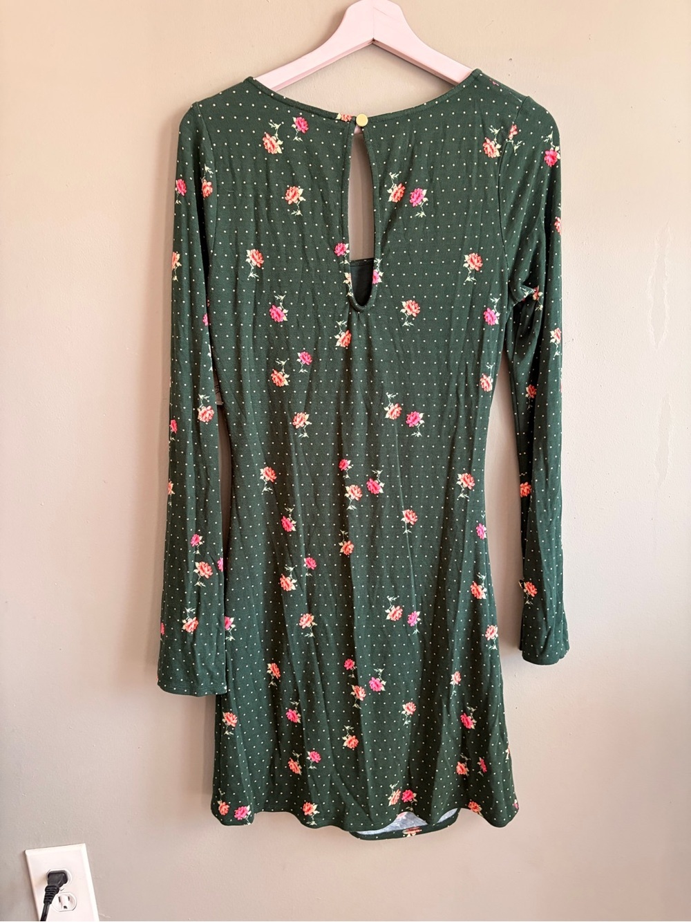 Free People Dark Green Floral Long-Sleeve Keyhole Mini Dress - Picture 7 of 9